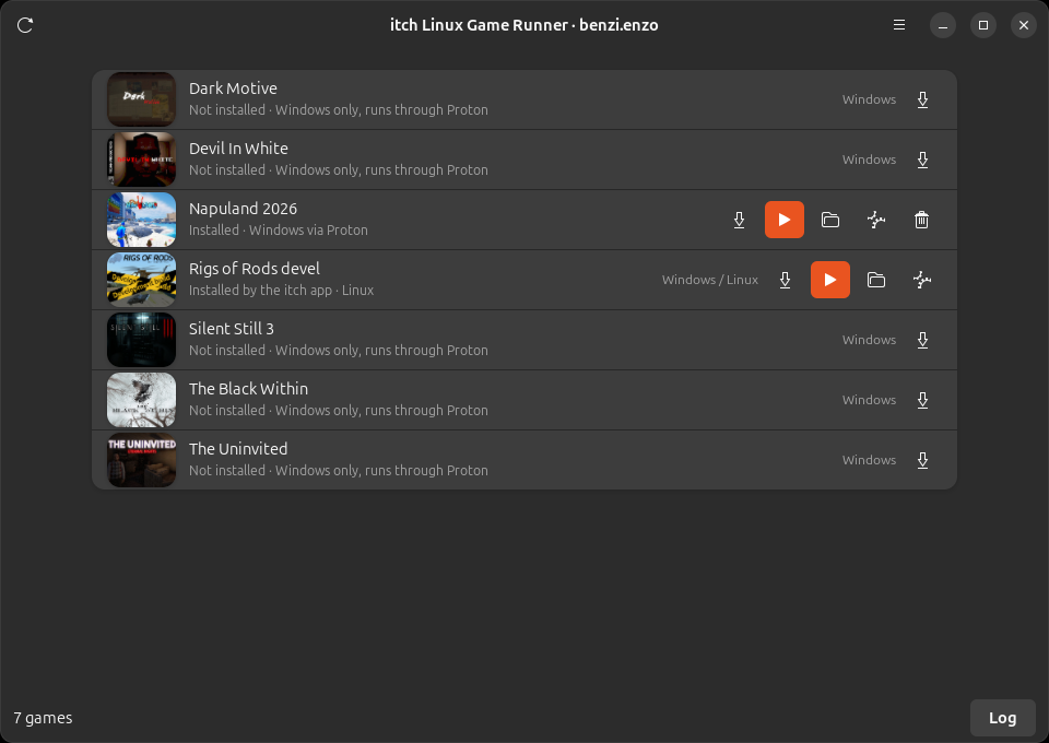 The library view of itch Linux Game Runner, listing purchased itch.io games with their platforms and Play buttons