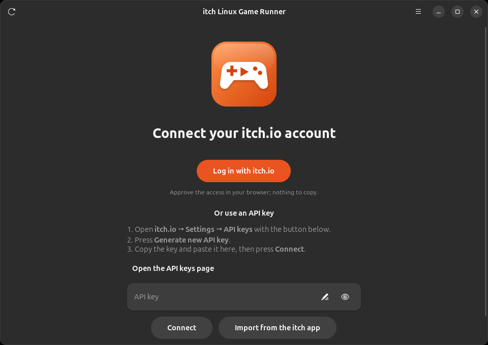 Sign-in page with the Log in with itch.io button and the API key steps